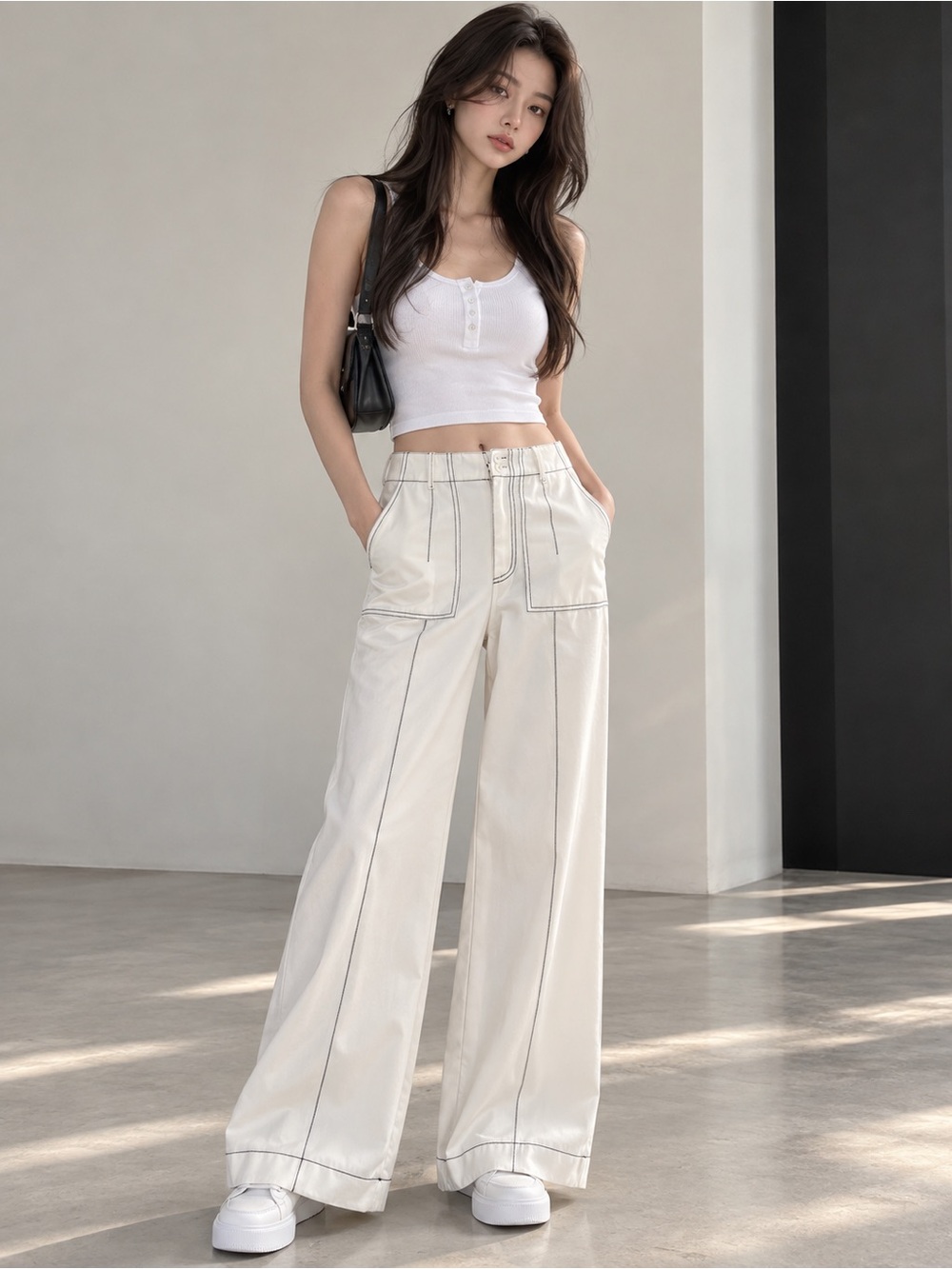 Women’s White High-Waisted Wide Leg Pants with Contrast Stitching